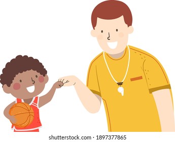 Illustration of a Kid Boy Basketball Player Holding Ball and Fist Bumping His Coach