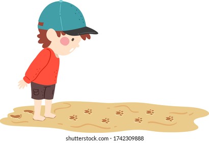 Illustration eines kleinen Jungen am Strand mit Blick auf Paw Prints auf dem Sand