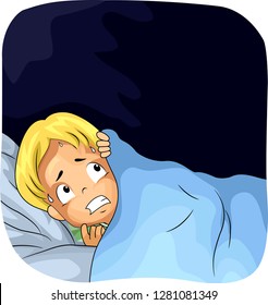 Illustration of a Kid Boy In Bed Under Covers Being Scared of the Dark