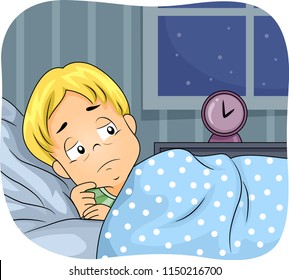 Illustration of a Kid Boy In Bed Who Cannot Sleep Looking at the Clock