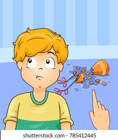 Illustration of a Kid Boy Being Asked Denying His Fault for Breaking the Vase