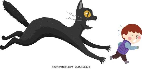 Illustration of a Kid Boy Being Chased by a Big Black Yule Cat