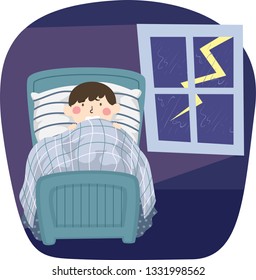 Illustration of a Kid Boy Being Scared of Lightning While Lying in Bed