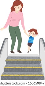 Illustration of a Kid Boy Being Scared of Using the Escalator and Holding the Hands of His Mother