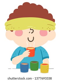 Illustration of a Kid Boy with Blindfold and Sniffing Hot Drinks, Guessing Game