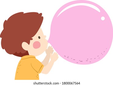 Illustration of a Kid Boy Blowing a Big Pink Bubble Gum, Childhood Memories 