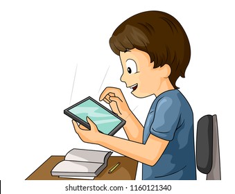 Illustration of a Kid Boy with a Book Open and Using Tablet in Class