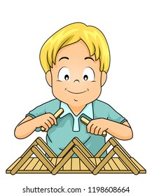 Illustration Of A Kid Boy Building A Bridge Using Popsicle Sticks