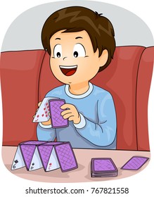 Illustration of a Kid Boy Building a Card Tower from a Deck of Cards