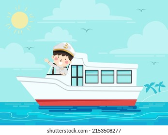 Illustration Of Kid Boy Captain Waving From A Sailing Boat In The Tropics