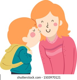 Illustration of a Kid Boy Carrying Backpack Kissing Mother on the Cheek before Going to School