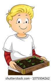 Illustration of a Kid Boy Carrying a Seed Bed with Sprouts for Gardening