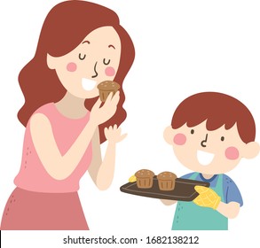 Illustration of a Kid Boy Carrying a Tray of Chocolate Muffins He Baked Asking His Mother to Taste Them