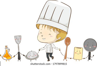 Illustration of a Kid Boy Chef Holding Cooking Tools Mascots from Oil, Spatula, Cloche, Spoon, Chopping Board and Pan