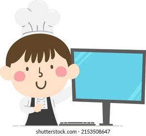 Illustration of Kid Boy Chef Wearing Toque Blanche Hat and Apron with Computer Monitor and Keyboard