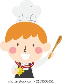 Illustration of Kid Boy Chef Wearing Toque Blanche Hat, Apron and Holding a Gold Medal and Wooden Spoon