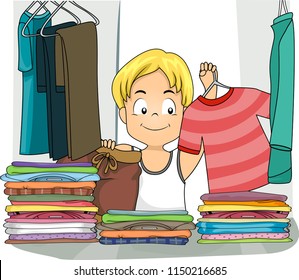 Illustration of a Kid Boy Choosing What to Wear for the Day, a Shirt and Brown Shorts