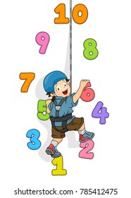 Illustration of a Kid Boy Climbing a Wall of Numbers from One to Ten