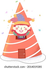 Illustration of a Kid Boy Clown in a Big Party Hat House