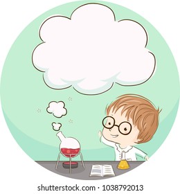 Illustration of a Kid Boy Conducting an Experiment with Blank Cloud Coming Out From His Experiment