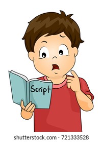 Illustration of a Kid Boy Confused While Memorizing a Book of Scripts