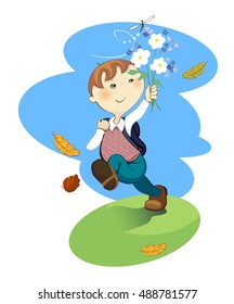 Illustration of Kid the boy congratulates the teacher on flowers