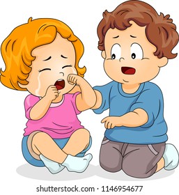Ilustración de un niño consolando a una niña que llora