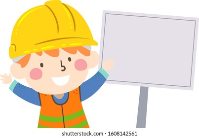 Illustration of a Kid Boy Construction Engineer Wearing Yellow Hard Hat and Reflective Safety Vest with a Blank Sign Board