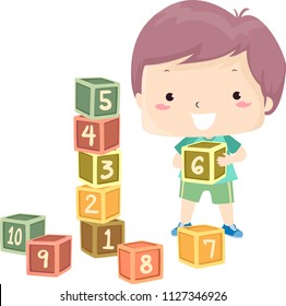 Illustration of a Kid Boy Counting and Building a Cube Tower