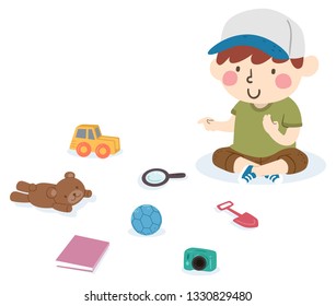 Illustration of a Kid Boy Counting His Toys on the Floor