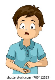 Illustration of a Kid Boy Counting Money Looking Worried Because It Doesnt Add Up