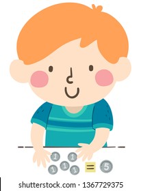 Illustration of a Kid Boy Counting Smaller Valued Coins to Equal a Larger Valued Coin