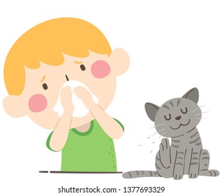 Illustration Of A Kid Boy Covering His Nose With Handkerchief Against Pet Cat Dander