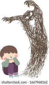 Illustration of a Kid Boy Covering His Eyes Scared of His Monster Doodles