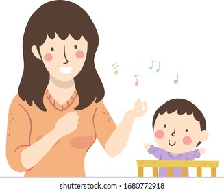 Illustration of a Kid Boy in Crib with Raised Hands Happily Listening to His Mother Singing