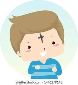 Illustration of a Kid Boy with a Cross Symbol on the Forehead for Ash Wednesday