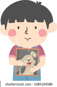 Illustration of a Kid Boy Crying and Hugging a Picture Frame of His Pet Dog