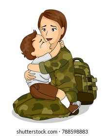 Illustration of a Kid Boy Crying and Hugging His Mom, a Soldier Leaving for War