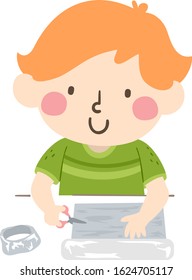 Illustration of a Kid Boy Cutting Aluminum Foil to Make Toy Jewelry Bracelet