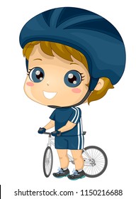 Illustration of a Kid Boy Cyclist Wearing Cycling Outfit with Helmet and Gloves Holding on Bicycle