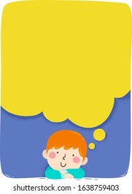 Illustration of a Kid Boy Day Dreaming with a Big Blank Thinking Cloud Board with Space for Text