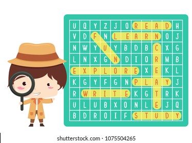 Illustration of a Kid Boy Detective Holding a Magnifying Glass Standing Beside a Word Search Puzzle