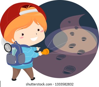Illustration Of A Kid Boy Detective Holding Flashlight And Pointing To Footsteps He Found In The Dark