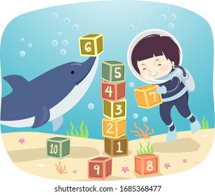 Illustration of a Kid Boy Diving Underwater Playing Number Blocks with a Dolphin