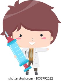 Illustration of a Kid Boy Doctor Wearing a White Gown and Stethoscope Holding a Toy Syringe