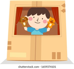 Illustration Of A Kid Boy Doing A Puppet Show From A Makeshift Stage Made From Cardboard Box