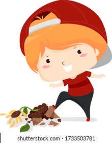 Illustration of a Kid Boy Doing Something Bad, Destroying a Potted Flower Plant and Stomping On It