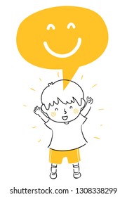 Illustration of a Kid Boy Doodle with Hands Up and a Speech Bubble with Happy Face