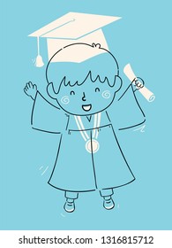 Illustration of a Kid Boy Doodle Holding Diploma and Wearing a Graduation Cap and a Medal