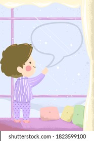 Illustration of a Kid Boy Drawing a Blank Speech Bubble on Window During Winter